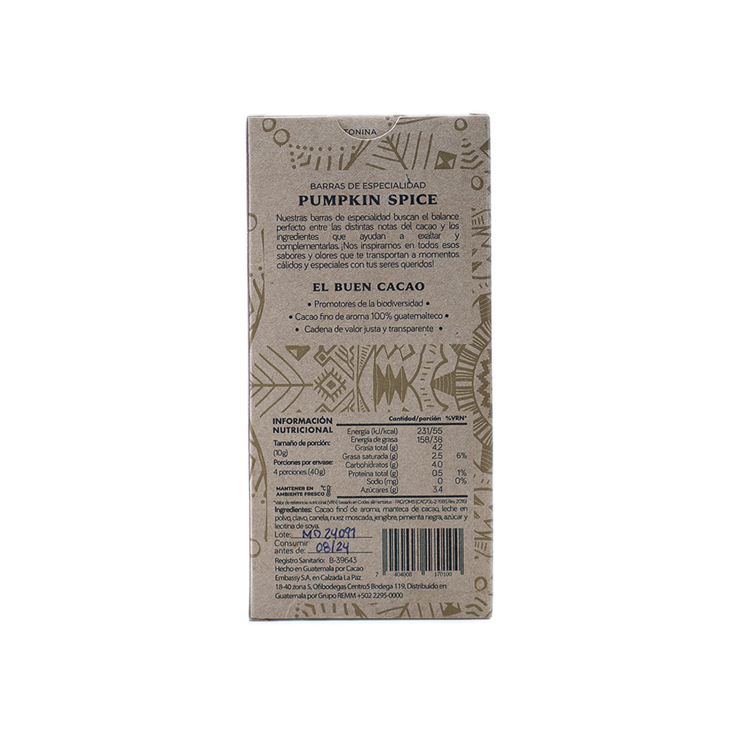 Back of Chocolates Sero’s 40g 50% dark milk chocolate with pumpkin spice — packaging shows nutritional panel, ingredients, and origin-focused labeling on white background