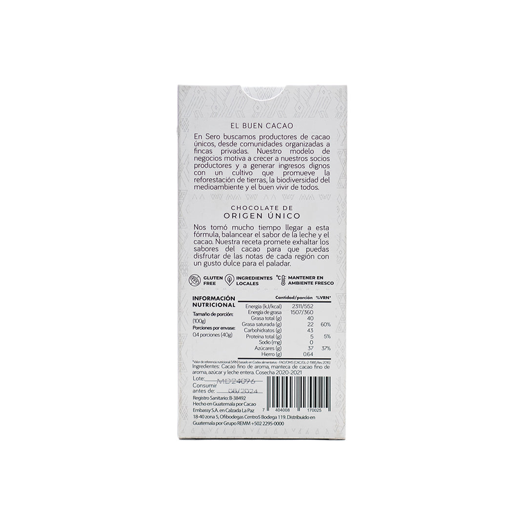 Back of Chocolates Sero’s 40g dark milk chocolate bar made with 50% cacao. Packaging includes ingredients, allergen info, and ethical sourcing statements — designed for national compliance and artisan storytelling.