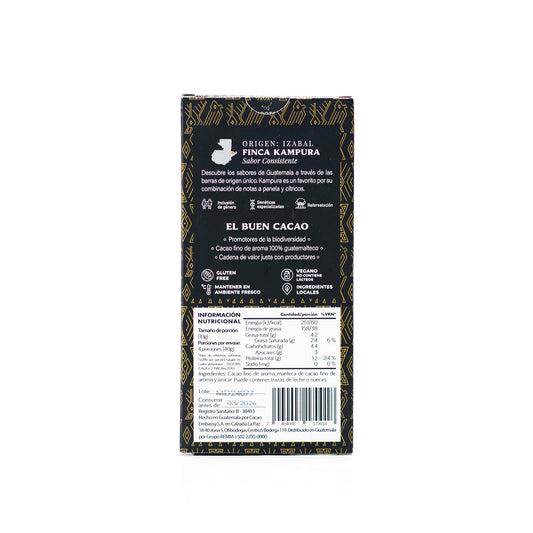 Back of Chocolates Sero’s 40g dark chocolate bar made with 70% single origin cacao from Finca Kampura in Guatemala. Packaging includes ingredients, allergen info, and ethical sourcing statements — designed for national compliance and artisan storytelling.