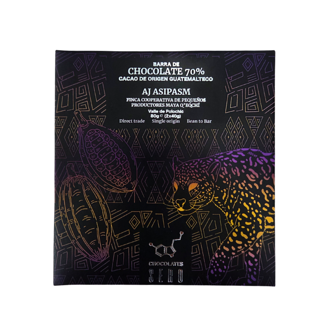 Front packaging of Chocolates Sero’s 80g dark chocolate bar made with 70% single origin cacao from Aj Asipasm cooperative in Guatemala. Elegant black label showcases artisan craft and ethical sourcing.