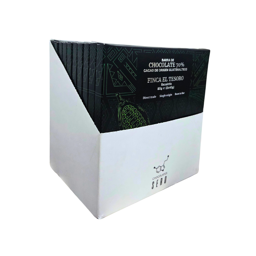 undle of 10 Chocolates Sero bars — 80g each, made with 70% single origin Guatemalan cacao from Finca El Tesoro. Black label design on white background emphasizes traceability and ethical sourcing.