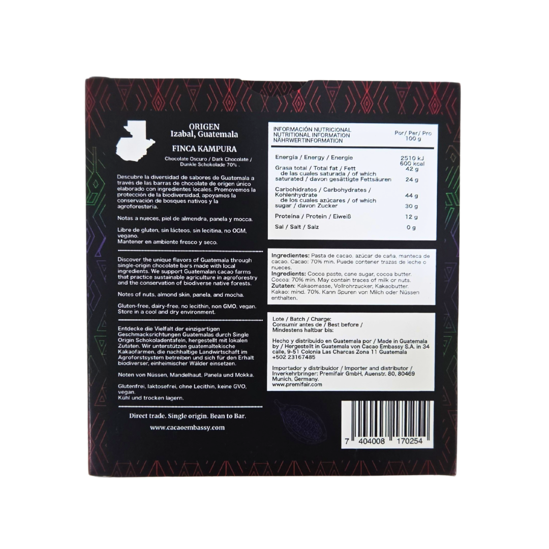 Back of Chocolates Sero’s 80g dark chocolate bar made with 70% single origin cacao from Finca Kampura in Guatemala. Packaging includes ingredients, nutritional info, and ethical sourcing statements in German, English, and Spanish. Designed for international compliance and export clarity.