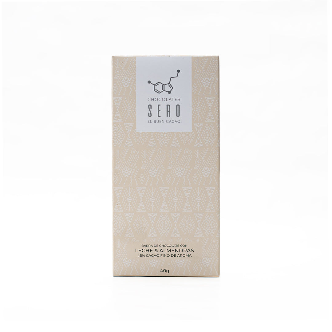 Front packaging of Chocolates Sero’s 50% dark milk chocolate with almonds — crisp white background framing ethical Guatemalan cacao branding and artisanal identity.