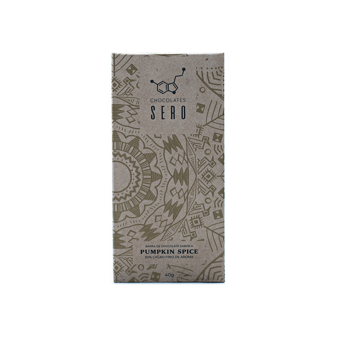 Front packaging of Chocolates Sero’s 40g 50% dark milk chocolate bar with pumpkin spice — set on a white backdrop with ethical branding and artisan Guatemalan origin.