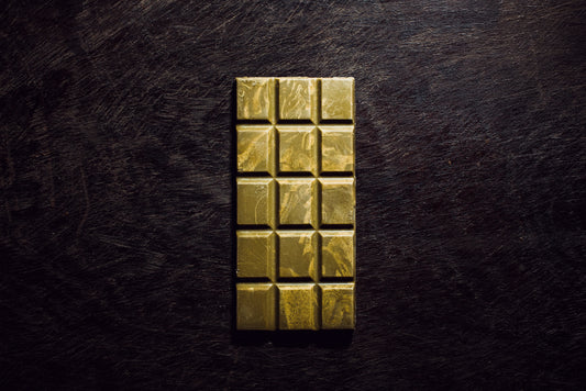 Handcrafted white chocolate bar with 36% cacao and matcha on traditional Guatemalan textile background
