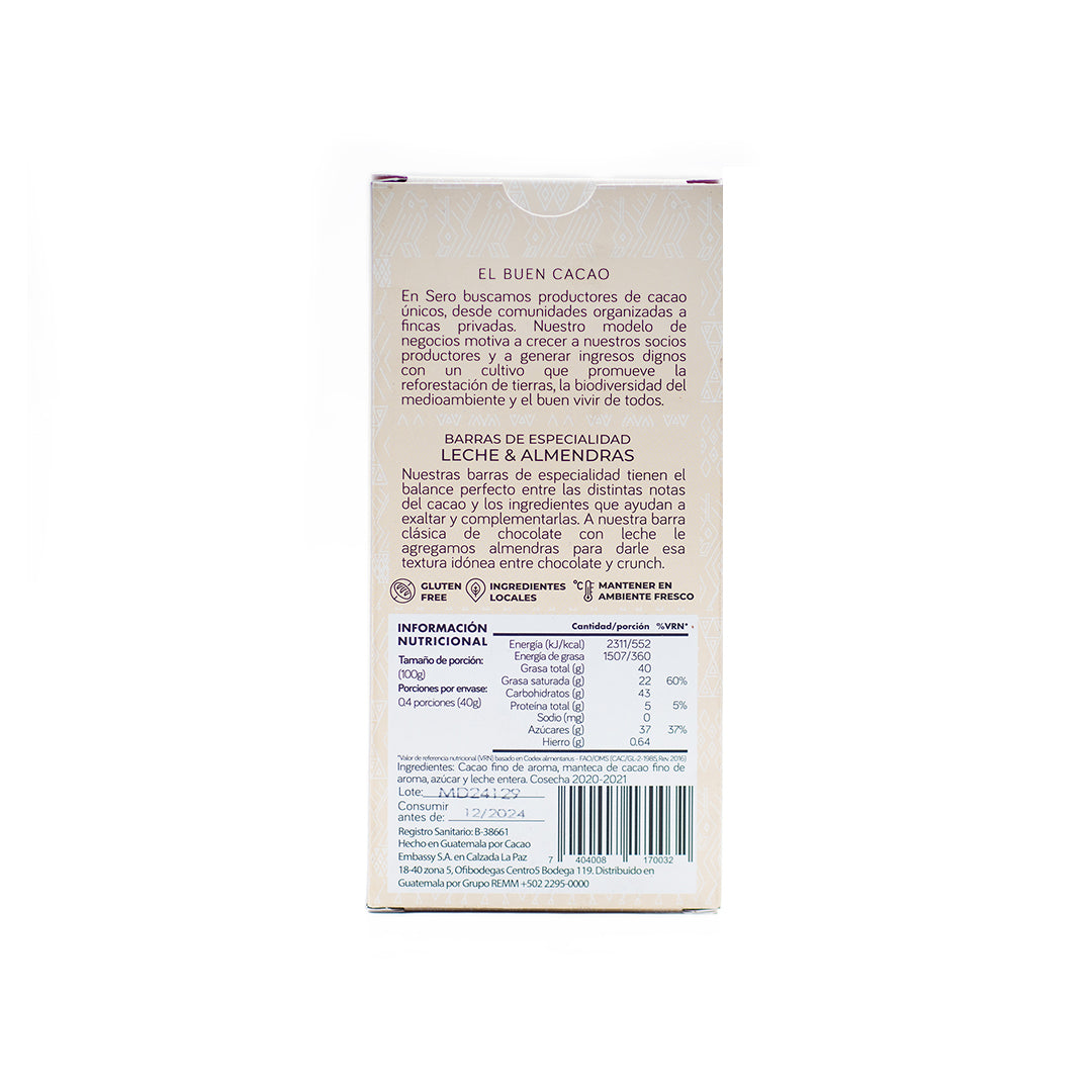 Back of Chocolates Sero’s 40g dark milk chocolate bar made with 50% cacao and almonds. Packaging includes ingredients, allergen info, and ethical sourcing statements — designed for national compliance and artisan storytelling