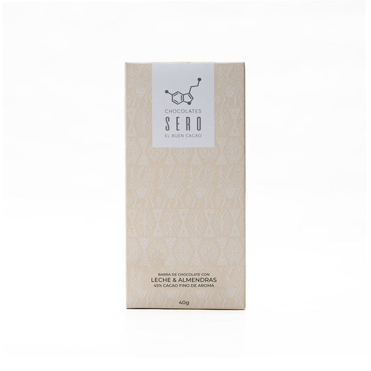 Front packaging of Chocolates Sero’s 40g dark milk chocolate bar made with 50% cacao and almonds. Minimalist white label design reflects ethical Guatemalan sourcing, artisan craft, and premium flavor pairing.