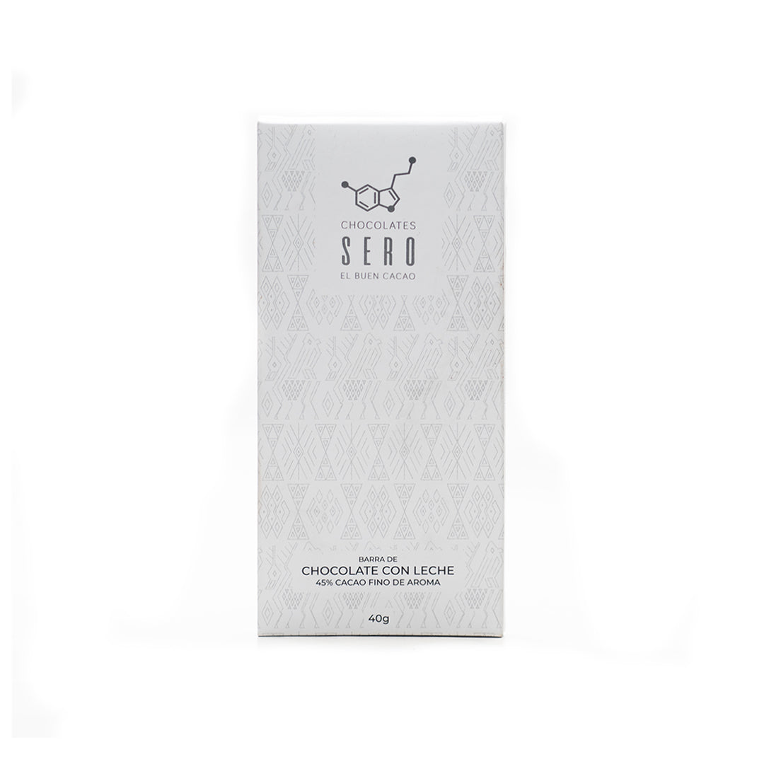 Front packaging of Chocolates Sero’s 40g dark milk chocolate bar made with 50% cacao. Minimalist white label design highlights ethical Guatemalan sourcing, artisan craft, and hybrid flavor profile.