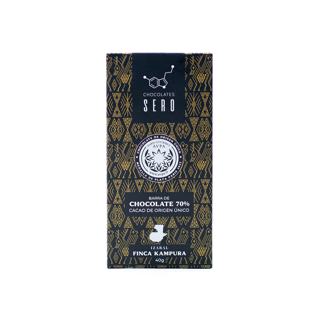 Front packaging of Chocolates Sero’s 40g dark chocolate bar made with 70% single origin cacao from Finca Kampura in Guatemala. Elegant black label design reflects ethical sourcing, artisan craft, and Guatemalan origin.