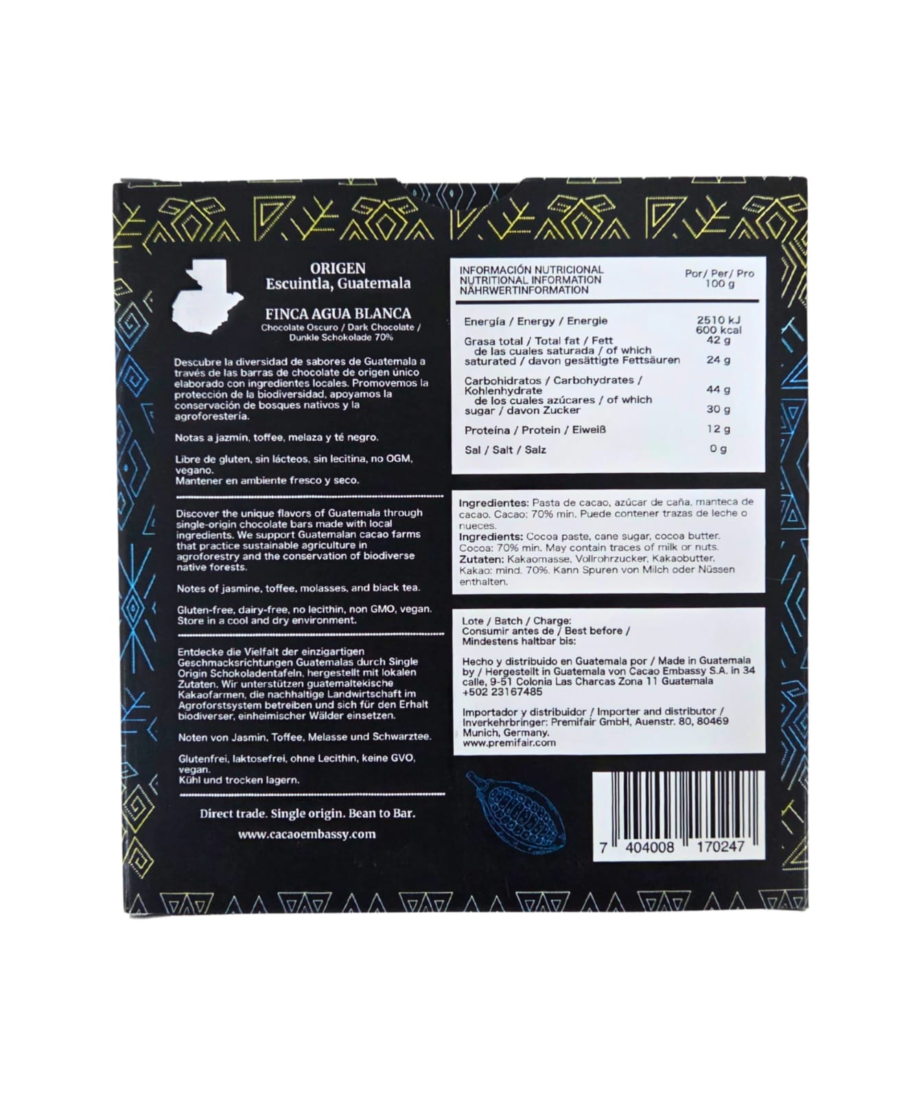 Back packaging of Chocolates Sero’s 80g dark chocolate bar made with 70% single origin cacao from Finca Agua Blanca in Guatemala. Includes ingredients, nutritional info, and ethical sourcing statements in German, English, and Spanish — designed for international compliance and export clarity.