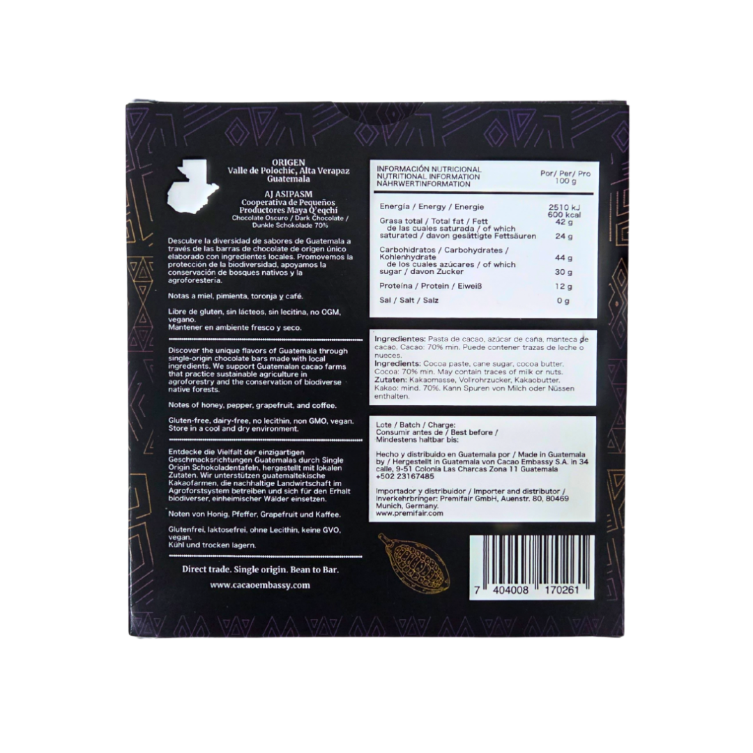 Back of Chocolates Sero’s 80g dark chocolate bar made with 70% single origin cacao from Aj Asipasm cooperative in Guatemala. Packaging includes ingredients, nutritional info, and ethical sourcing statements in German, English, and Spanish — designed for international compliance and export clarity.