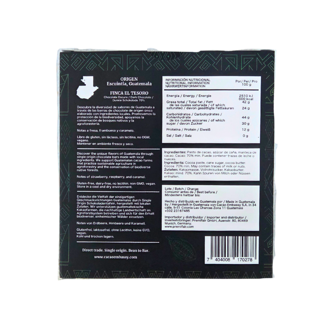 Back of Chocolates Sero’s 80g dark chocolate bar made with 70% single origin cacao from Finca El Tesoro in Guatemala. Packaging includes ingredients, nutritional info, and ethical sourcing statements in German, English, and Spanish — designed for international compliance and export clarity.