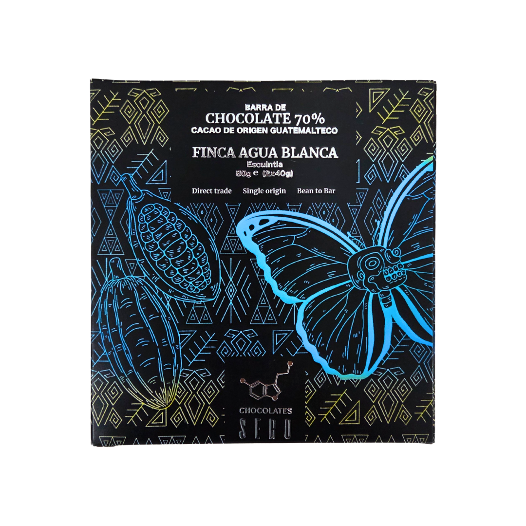 Front packaging of Chocolates Sero’s 80g dark chocolate bar made with 70% single origin cacao from Finca Agua Blanca — minimalist black label celebrating ethical Guatemalan sourcing and artisan craft.