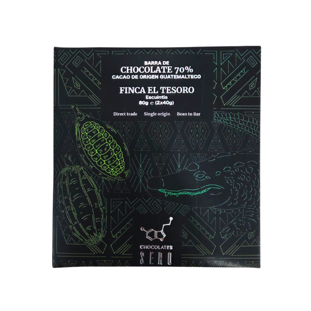 Front packaging of Chocolates Sero’s 80g dark chocolate bar with 70% single origin cacao from Finca El Tesoro — minimalist black design celebrating Guatemalan terroir and smallholder sourcing.