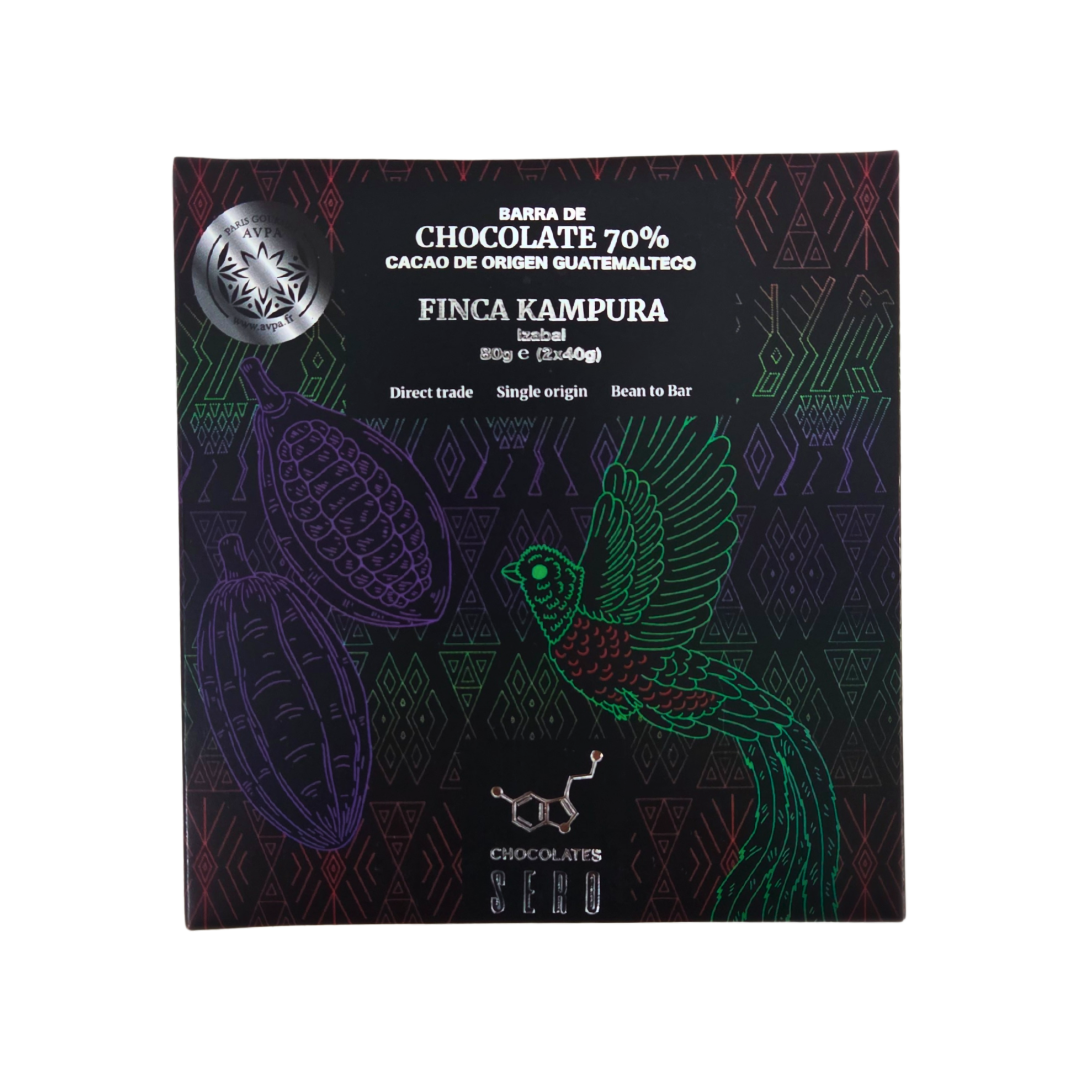 Front packaging of Chocolates Sero’s 80g dark chocolate bar with 70% single origin cacao from Finca Kampura — elegant black label emphasizing ethical Guatemalan sourcing and smallholder craft.
