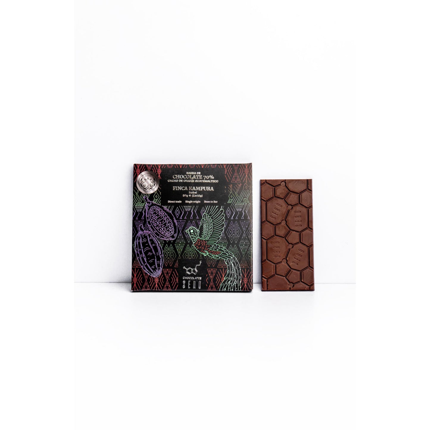 Barra de chocolate premium 70% cacao fino de aroma de origen único, ganador de medalla de plata AVPA Paris 2022, Finca Kampura, Izabal, Guatemala. 80 gramos, Chocolates Sero