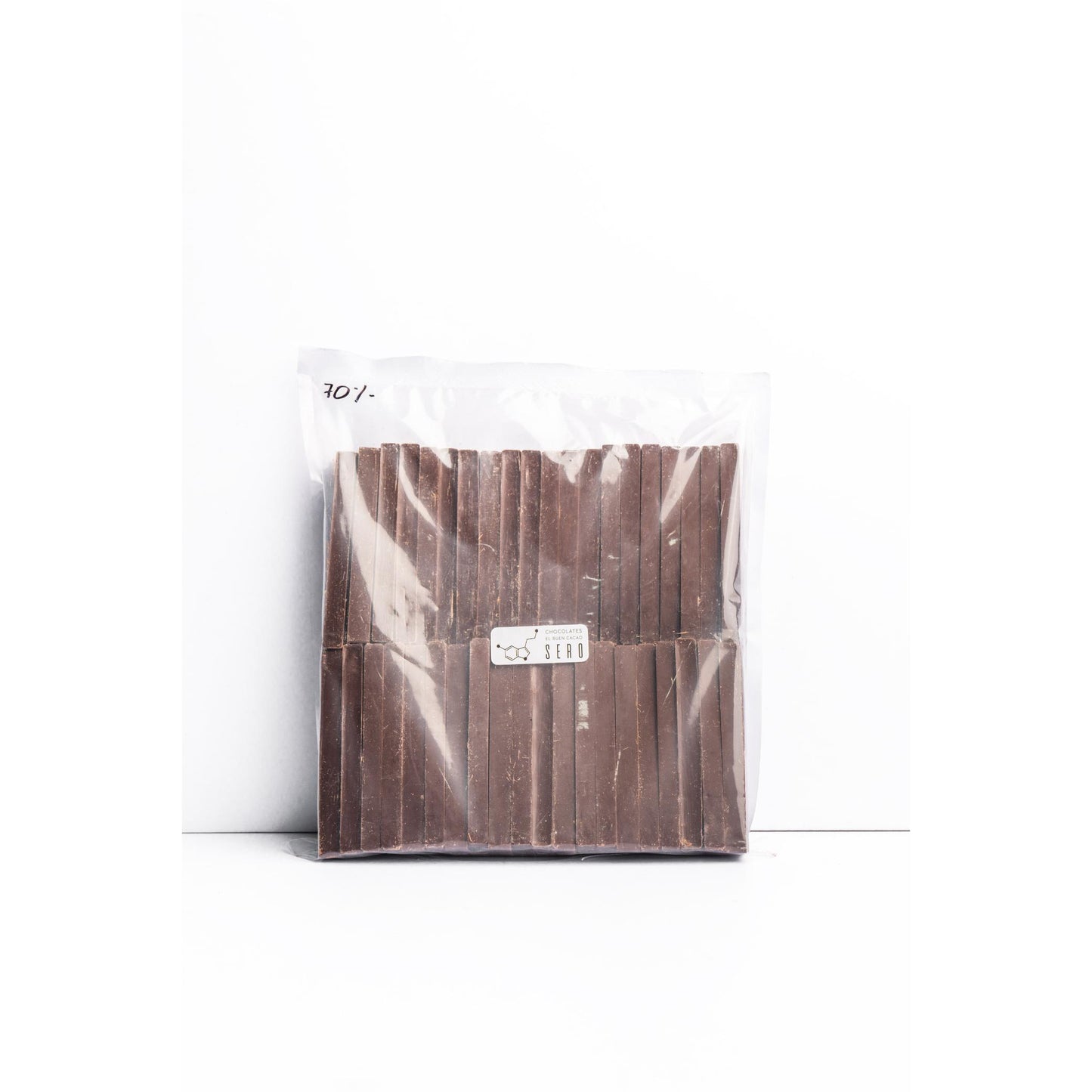 Bolsa de 100 batones para pan de chocolate, 70% cacao fino de aroma, origen único, Agua Blanca. Chocolates Sero.
