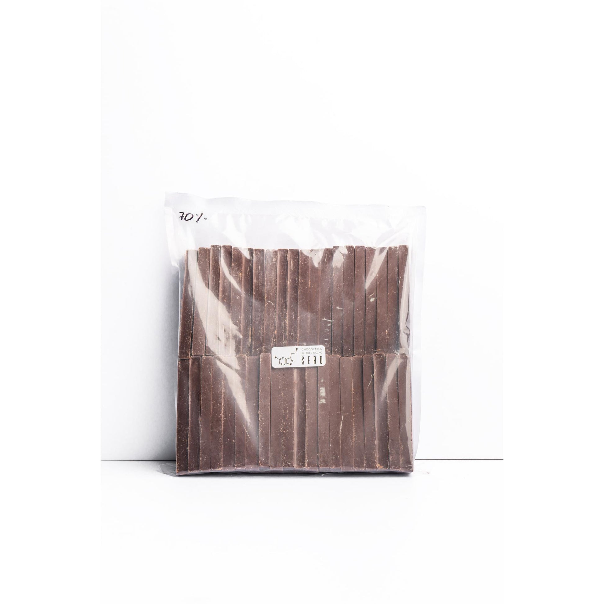 Bolsa de 100 batones para pan de chocolate, 70% cacao fino de aroma, origen único, Agua Blanca. Chocolates Sero.